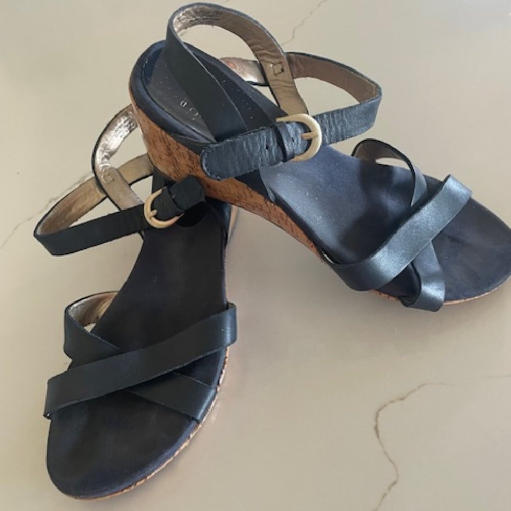 Navy Blue Leather Sandals with cork wedge heel